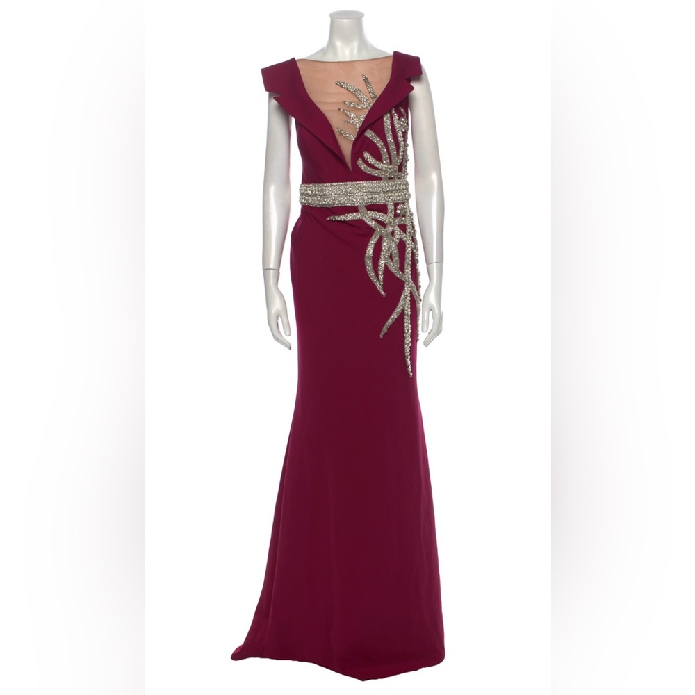 Tarik Ediz Burgundy Maxi Skirt with Gold Accents